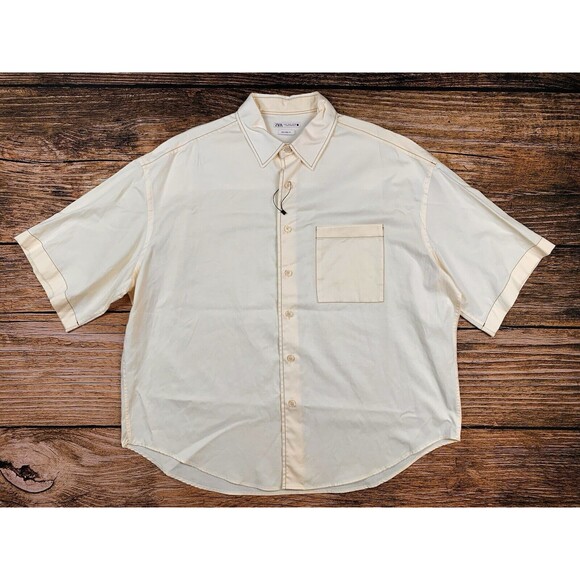 NWOT Zara Mens Light Yellow Relaxed Fit Short Sleeve Button-Up Shirt Size L - Picture 1 of 8